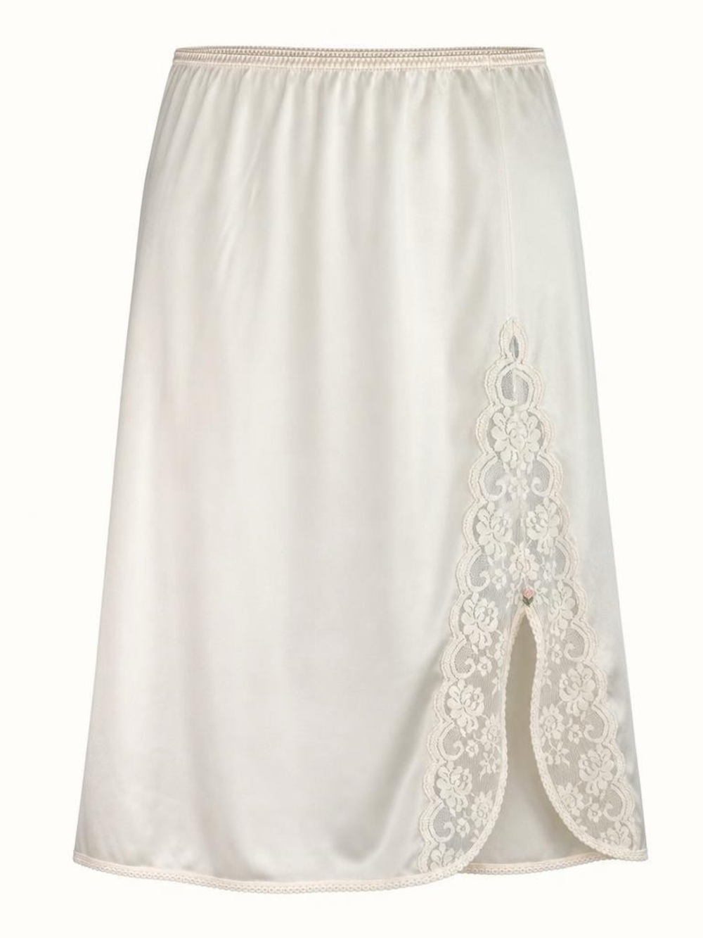 Vintage Lace Trim Champagne Satin-Style Half Slip Midi Skirt
